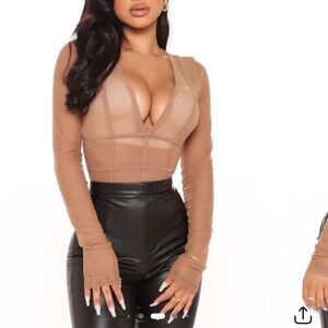 Sheer Mesh Long-Sleeve Plunge Bodysuit